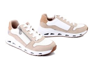 RIEKER N5204-80 white combination, półbuty damskie. Brązowe półbuty Rieker, bez wzorów, bez obcasa, bez zapięcia. Za 359,90 zł.