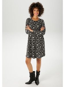 Aniston Sukienka w kolorze czarno-białym rozmiar: 36. Czarne sukienki Aniston, na co dzień, bez wzorów, bez kołnierzyka, bez ramiączek, midi, proste. Za 95,99 zł.