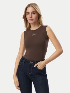 Guess Top W6YP17 K3881 Brązowy Regular Fit. Brązowe topy Guess, xl, z aplikacjami, bez kołnierzyka, bez ramiączek. Za 148,99 zł.
