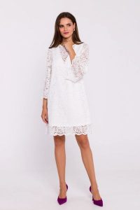 Zjawiskowa sukienka koronkowa trapezowa w kolorze ecru. Sukienki Stylove, na imprezę, xxl, bez wzorów, z koronki, eleganckie, bez kołnierzyka, bez ramiączek, trapezowe. Za 419,00 zł.