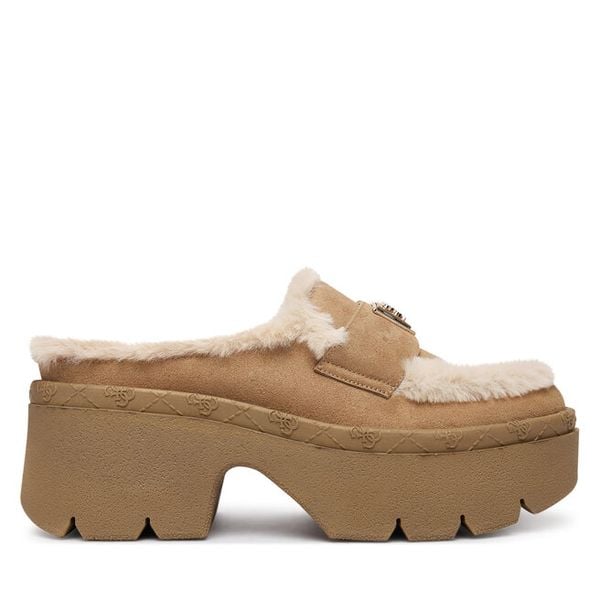 Klapki Guess. Brązowe klapki Guess, z aplikacjami, bez obcasa. Za 313,99 zł.