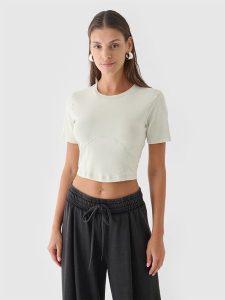 4F Crop top slim gładki damski - zielony S. Zielone topy 4f, s, bez wzorów, z bawełny, sportowe, bez kołnierzyka, bez ramiączek. Za 69,99 zł.