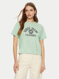 Guess Jeans T-Shirt W5RI43 K8HM0 Zielony Regular Fit. Zielone t-shirty Guess Jeans, s, z aplikacjami, z bawełny, bez kołnierzyka, bez ramiączek. Za 89,99 zł.