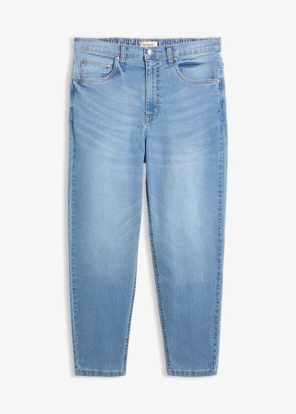 Jeansy Mom high waist cropped. Niebieskie jeansy bonprix, bez wzorów, z jeansu, z podwyższonym stanem. Za 122,99 zł.