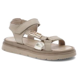 Sandały damskie Armodo, na platformie skórzane z ozdobą na rzep z miękkimi wkładkami, taupe złote, 40441-V. Brązowe sandały Armodo, z aplikacjami, ze skóry, bez obcasa, na platformie, bez zapięcia. Za 269,00 zł.