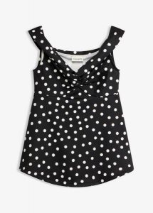 Top z odkrytymi ramionami i głębokim dekoltem. Czarne topy bonprix, bez wzorów, eleganckie, bez kołnierzyka, bez ramiączek. Za 37,99 zł.