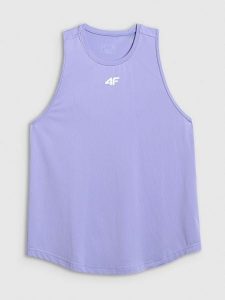 4F Top treningowy regular szybkoschnący damski - fioletowy L. Fioletowe topy 4f, l, bez wzorów, z materiału, bez kołnierzyka, bez ramiączek. Za 79,99 zł.
