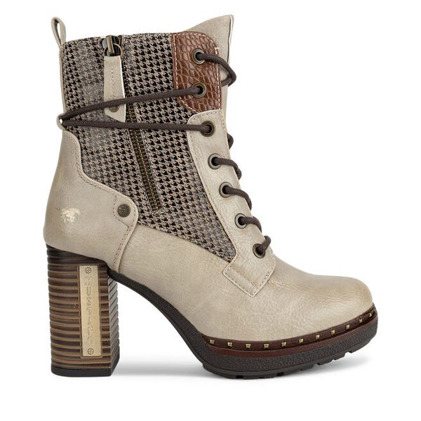 Trzewiki Mustang. Brązowe botki Mustang, bez wzorów, bez obcasa, na słupku, bez zapięcia. Za 399,99 zł.