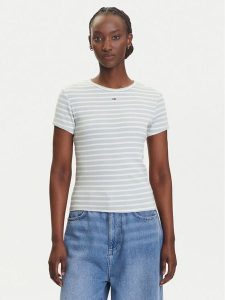 Tommy Jeans T-Shirt Essential DW0DW17383 Zielony Slim Fit. Zielone t-shirty Tommy Jeans, m, bez wzorów, z bawełny, bez kołnierzyka, bez ramiączek. Za 109,99 zł.