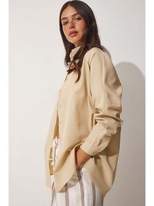 Happiness Istanbul Bluzka "Happiness Istanbul" w kolorze beżowym rozmiar: 38. Brązowe bluzki Happiness Istanbul, bez wzorów, z bawełny, bez kołnierzyka, bez ramiączek. Za 65,45 zł.