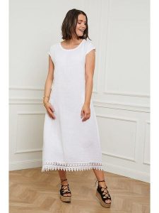 Curvy Lady Lniana sukienka w kolorze białym rozmiar: 44/46. Białe sukienki Curvy Lady, na co dzień, bez wzorów, z koronki, klasyczne, bez kołnierzyka, bez ramiączek, maxi, proste. Za 118,56 zł.