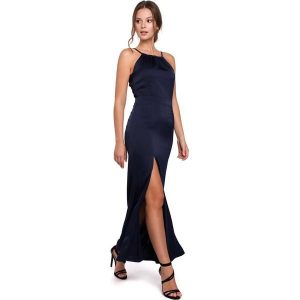 Granatowa Maxi Sukienka z Dekoltem Holter Neck. Czerwone sukienki MAKEOVER, l, bez wzorów, z elastanu, wizytowe, bez kołnierzyka, bez ramiączek, maxi. Za 224,90 zł.