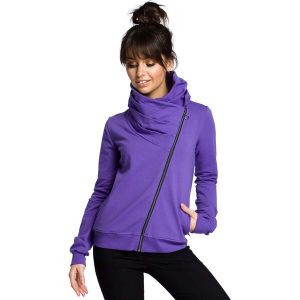 Sportowa Bluza Zapinana na Ukośny Zamek - Fioletowa. Fioletowe bluzy MOE, l, bez wzorów, z bawełny, bez kaptura. Za 273,90 zł.