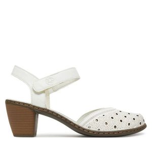 Sandały Rieker. Białe sandały Rieker, bez wzorów, bez obcasa, na słupku, bez zapięcia. Za 299,99 zł.