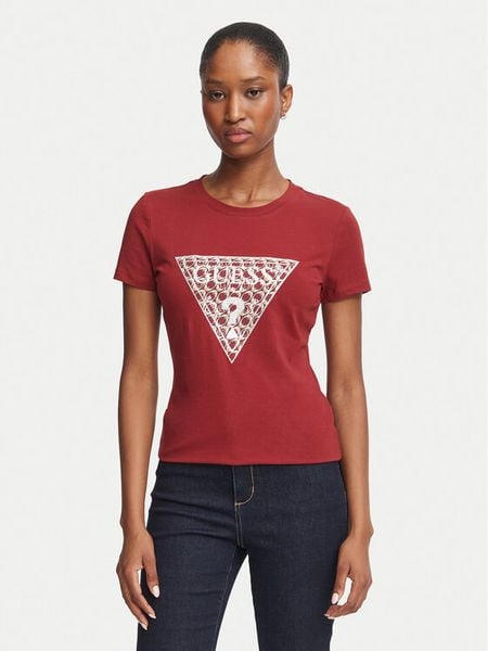 Guess T-Shirt W6BI61 K7948 Bordowy Regular Fit. Czerwone t-shirty Guess, xs, z aplikacjami, z bawełny, bez kołnierzyka, bez ramiączek. Za 194,99 zł.