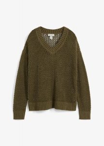 Sweter ażurowy z lekkiej mieszanki lnu. Zielone swetry klasyczne bonprix, bez kołnierzyka. Za 69,99 zł.
