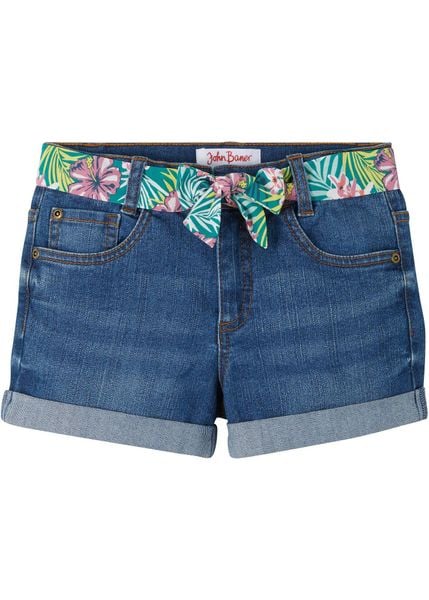Szorty jeansowe ze stretchem i z paskiem. Niebieskie jeansy bonprix, bez wzorów, z jeansu. Za 99,99 zł.