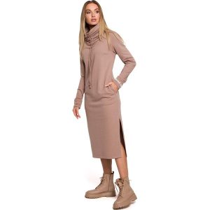 Dzianinowa Długa Sukienka z Wysokim Kołnierzem - Cappuccino. Czarne sukienki MOE, l, bez wzorów, z bawełny, bez kołnierzyka, bez ramiączek, maxi. Za 308,90 zł.