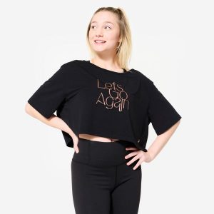 Koszulka do tańca modern jazz damska Starever crop top. Czarne bluzki DOMYOS, l, bez wzorów, z elastanu, eleganckie, bez kołnierzyka, bez ramiączek. Za 59,99 zł.