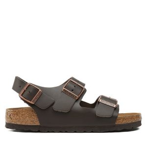 Sandały Birkenstock. Brązowe sandały Birkenstock, bez wzorów, bez obcasa, na płaskiej podeszwie, bez zapięcia. Za 429,99 zł.