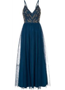 Sukienka na ramiączkach z aplikacją z perełek. Niebieskie sukienki bonprix, z aplikacjami, z tiulu, eleganckie, bez kołnierzyka, bez ramiączek. Za 299,99 zł.
