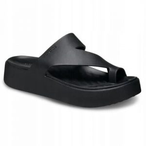 Klapki Dla Dorosłych Crocs Getaway Platform Toe Loop. Czarne klapki Crocs, bez wzorów, z materiału, bez obcasa. Za 199,99 zł.