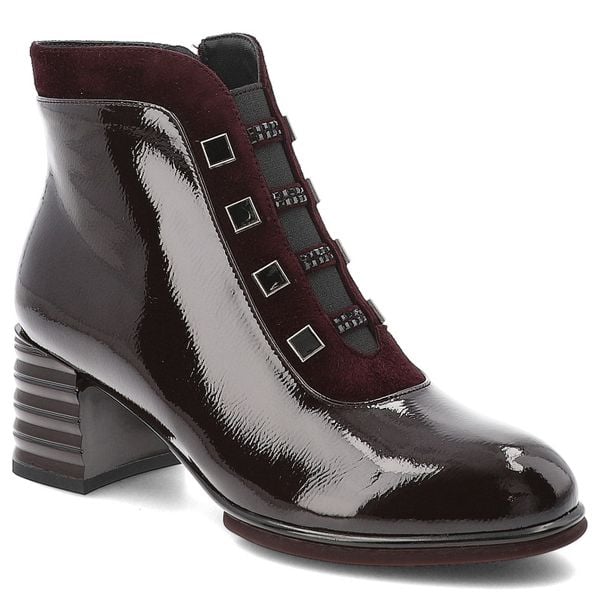 Bordowe Botki S.Barski Lakierowane Obuwie Damskie. Czerwone botki S.BARSKI, z aplikacjami, z lakierowanej skóry, bez obcasa, na obcasie, bez zapięcia. Za 429,00 zł.