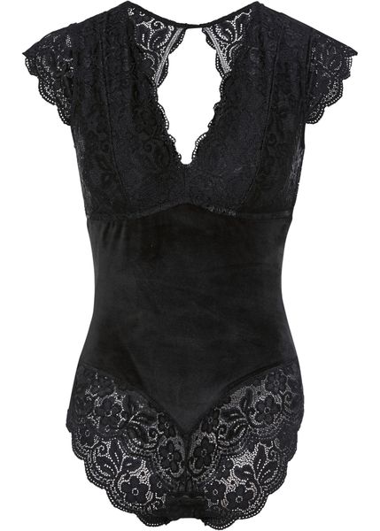 Body aksamitne bez fiszbinów. Czarne body i gorsety bonprix, bez wzorów, z koronki. Za 119,99 zł.