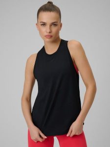 4F Top treningowy szybkoschnący damski - czarny L. Czarne topy 4f, l, bez wzorów, z materiału, klasyczne, bez kołnierzyka, bez ramiączek. Za 79,99 zł.