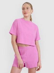 4F T-shirt crop top z waflowej dzianiny damski - różowy S. Czerwone t-shirty 4f, s, bez wzorów, z bawełny, bez kołnierzyka, bez ramiączek. W wyprzedaży za 49,99 zł.