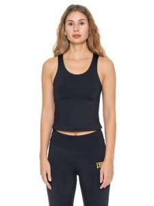 Active Gold damski krótki top bez rękawów. Czarne topy LEONE 1947 APPAREL, m, bez wzorów, młodzieżowe, bez kołnierzyka, bez ramiączek. Za 84,16 zł.