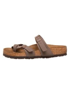 Birkenstock Japonki w kolorze brązowym rozmiar: 40. Brązowe klapki Birkenstock, bez wzorów, z otwartym noskiem, bez obcasa. Za 304,56 zł.