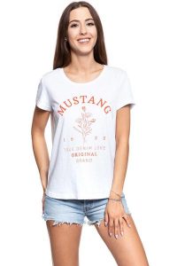 MUSTANG T SHIRT DAMSKI Alina C Print 1009870 2045. Białe t-shirty Mustang, s, bez wzorów, bez kołnierzyka, bez ramiączek. W wyprzedaży za 39,99 zł.