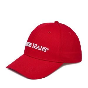 Czapka z daszkiem Guess Jeans. Czerwone czapki Guess Jeans, z aplikacjami, z jeansu. Za 99,99 zł.