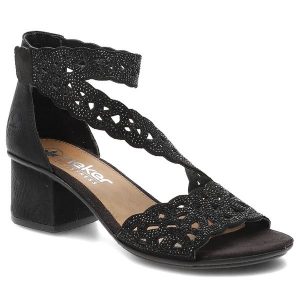 Sandały damskie Rieker, cholewka ze skóry ekologicznej ażurowa z cyrkonami fason elegancki na stabilnym obcasie, czarne, 64657-00. Czarne sandały Rieker, w ażurowe wzory, ze skóry ekologicznej, bez obcasa, na obcasie, bez zapięcia. Za 339,00 zł.