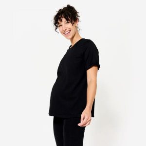 Koszulka do jogi damska Kimjaly ciążowa. Czarne bluzki DOMYOS, xl, bez wzorów, z elastanu, sportowe, bez kołnierzyka, moda ciążowa, bez ramiączek. Za 49,99 zł.