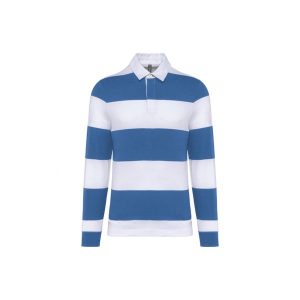 Koszulka polo w paski, długi rękaw Kariban. Niebieskie bluzki KARIBAN, bez wzorów, bez kołnierzyka, bez ramiączek. Za 194,50 zł.