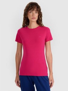 4F T-shirt slim gładki damski - różowy M. Czerwone t-shirty 4f, m, bez wzorów, z bawełny, bez kołnierzyka, bez ramiączek. Za 39,99 zł.