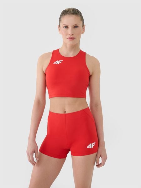 4F Biustonosz treningowy ze średnim wsparciem damski - czerwony XXS. Czerwone biustonosze 4f, bez wzorów, z dzianiny. Za 129,99 zł.