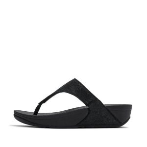 Klapki między palcami damskie FitFlop Lulu Shimmerglitz. Czarne klapki FIT FLOP, bez wzorów, bez obcasa. Za 443,50 zł.