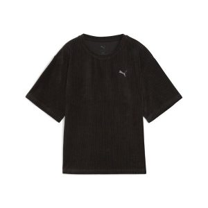 Damska koszulka Essentials Elevated Velour Rib o luźnym kroju PUMA Black. Czarne bluzki Puma, bez wzorów, sportowe, bez kołnierzyka, bez ramiączek. Za 129,00 zł.