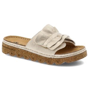 Klapki damskie Rieker, na platformie z eko skóry z wygodnymi wkładkami i ozdobnymi falbanami, beżowe, V8763-60. Brązowe klapki Rieker, bez wzorów, ze skóry, bez obcasa, na platformie. Za 289,00 zł.