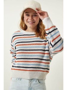 Happiness Istanbul Sweter w kolorze kremowo-błękitno-pomarańczowym rozmiar: onesize. Brązowe swetry oversize Happiness Istanbul, bez wzorów, ze splotem, bez ramiączek. Za 56,99 zł.