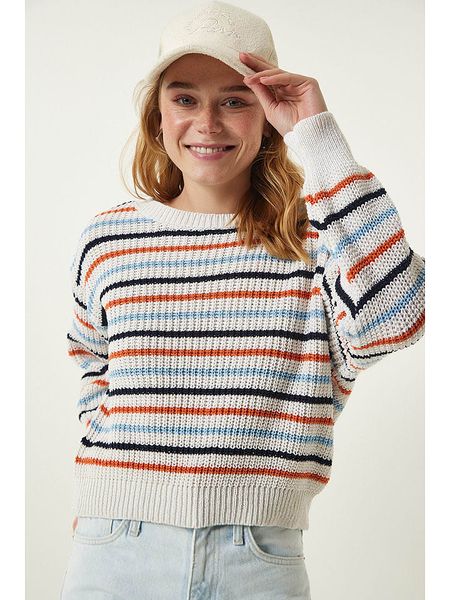 Happiness Istanbul Sweter w kolorze kremowo-błękitno-pomarańczowym rozmiar: onesize. Brązowe swetry oversize Happiness Istanbul, bez wzorów, ze splotem, bez ramiączek. Za 78,47 zł.