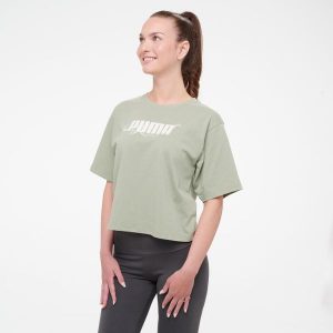 Koszulka damska Puma Gym & Pilates crop. Zielone bluzki Puma, m, bez wzorów, z bawełny, sportowe, bez kołnierzyka, bez ramiączek. Za 99,99 zł.