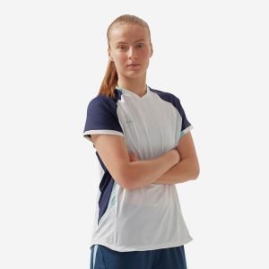Koszulka do piłki nożnej damska Kipsta prosty krój. Białe bluzki KIPSTA, xl, bez wzorów, z materiału, sportowe, bez kołnierzyka, bez ramiączek. W wyprzedaży za 59,99 zł.