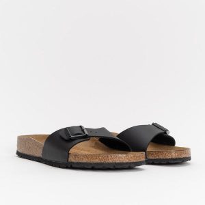 Birkenstock Madrid BS Klapki damskie. Czarne klapki Birkenstock, bez wzorów, bez obcasa. Za 319,99 zł.