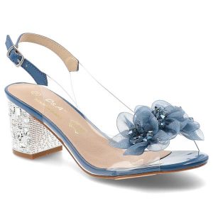 Sandały damskie S.Barski, transparentny pasek ozdobne kwiaty regulowany pasek stabilny obcas elegancki fason, niebieskie, MR61-9009. Niebieskie sandały S.BARSKI, bez wzorów, z tkaniny, bez obcasa, na obcasie, bez zapięcia. Za 199,00 zł.