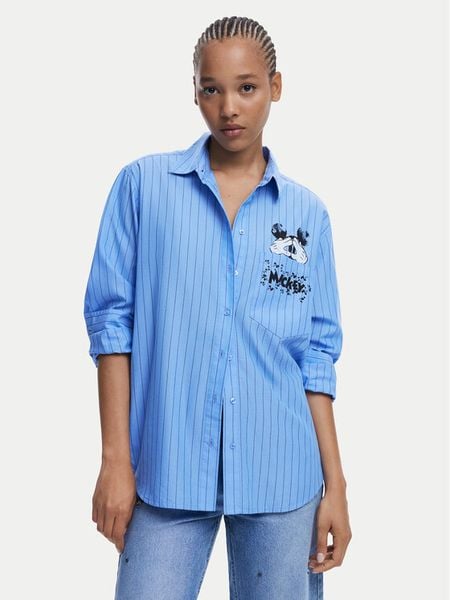 Desigual Koszula Mickey 25WWCW19 Niebieski Oversize. Niebieskie koszule Desigual, s, bez wzorów, z bawełny, bez kołnierzyka, bez ramiączek. Za 269,99 zł.