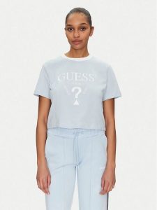 Guess T-Shirt V5GI18 I3Z14 Błękitny Boxy Fit. Niebieskie t-shirty Guess, xs, z aplikacjami, z bawełny, bez kołnierzyka, bez ramiączek. Za 119,99 zł.